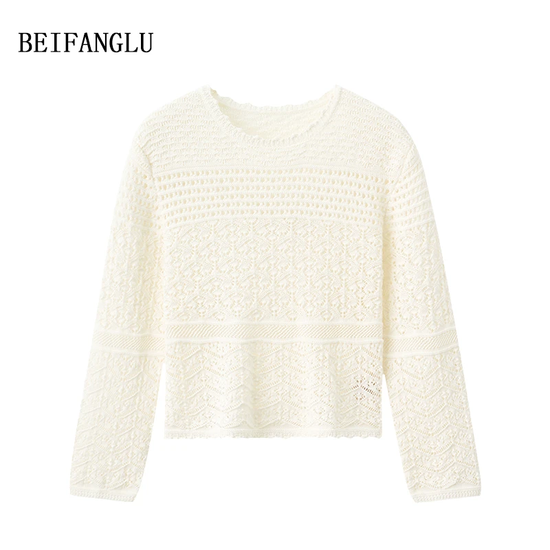 北方鹿 棉+三醋酯初秋法式气质镂空套头针织衫女251016