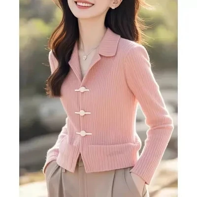 高级感上衣减龄长袖针织开衫盘扣洋气纯色温柔风舒适好看流行法式