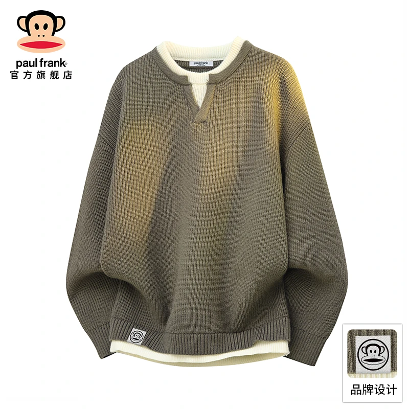 PaulFrank/大嘴猴复古休闲针织毛衣男秋季新款假两件宽松圆领上衣