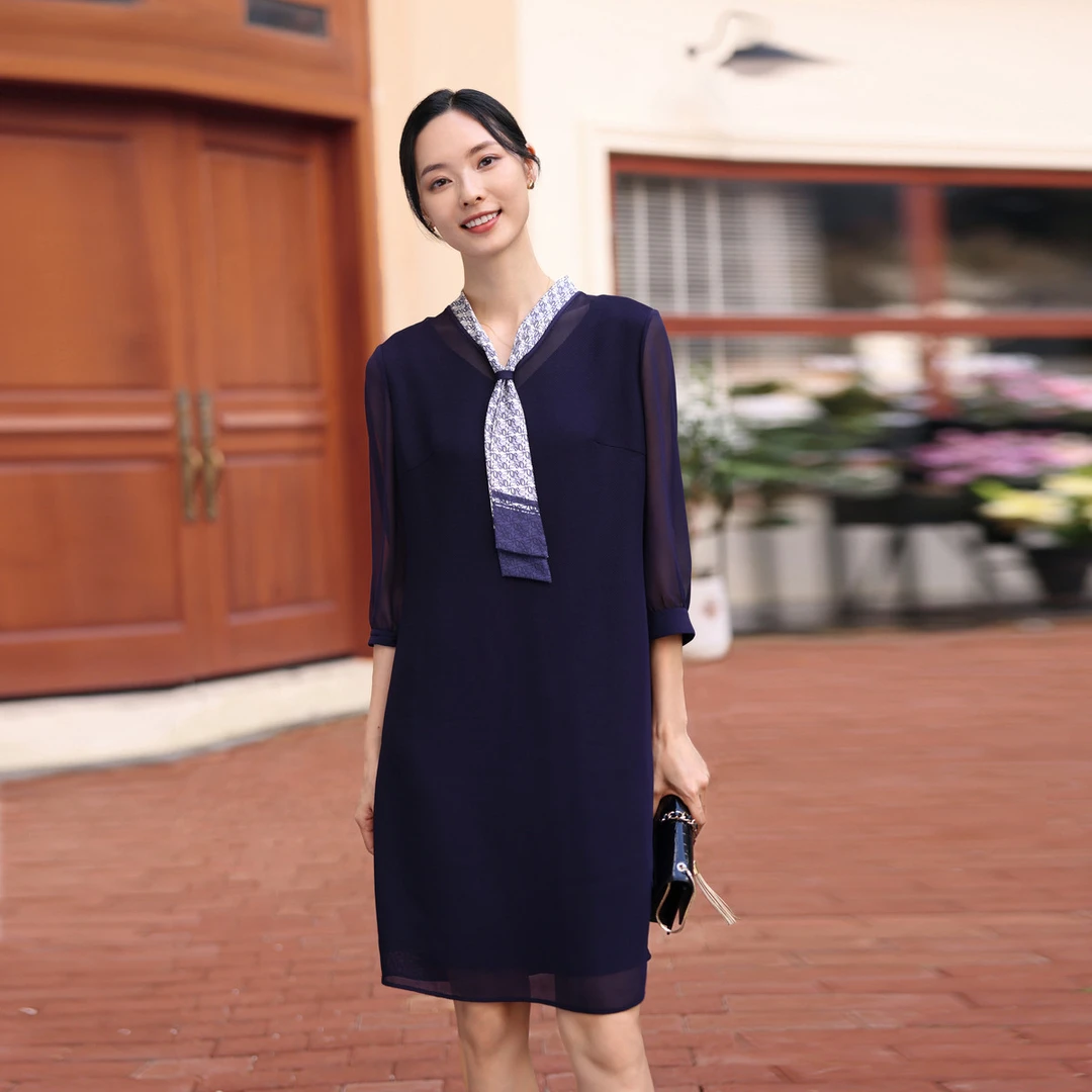 【婷婷专属】【绞综罗纱格】飘带领气质高级感通勤新款裙子女