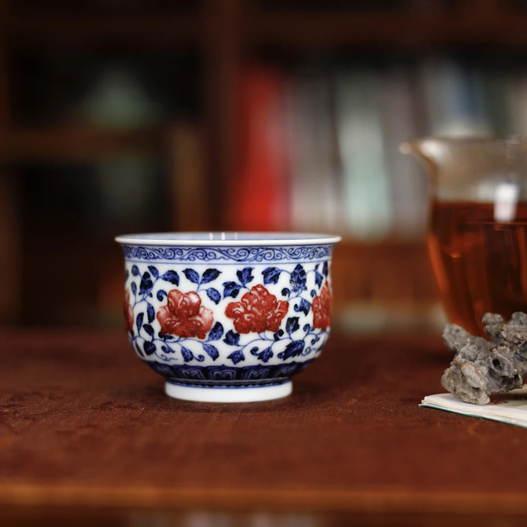 【小乔赏瓷】g古官 景德镇纯手工手绘青花釉里红缠枝四季花炉式杯