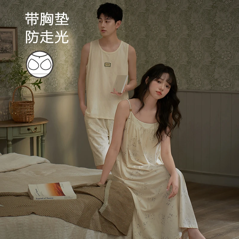 思莉太太【加州日记】情侣睡衣纯棉夏季女带胸垫吊带睡裙男士家居服