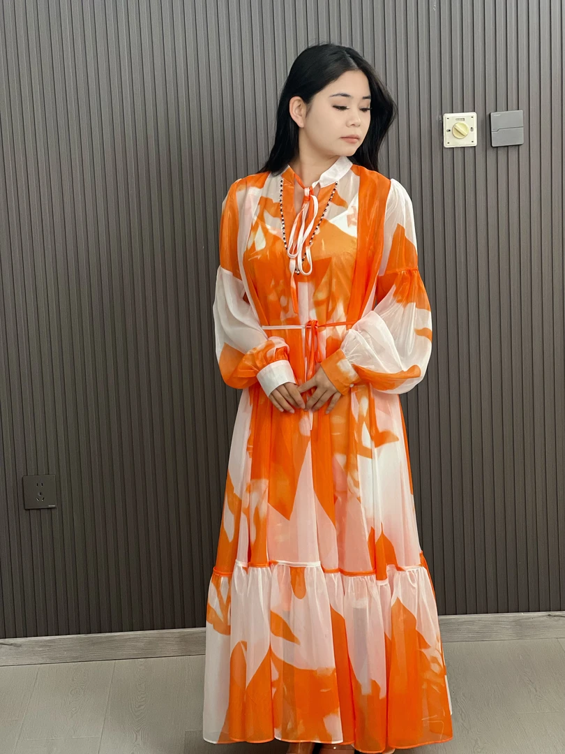 印花长袖法式V领春季长裙连衣裙春夏气质国风女士女装中长款0002