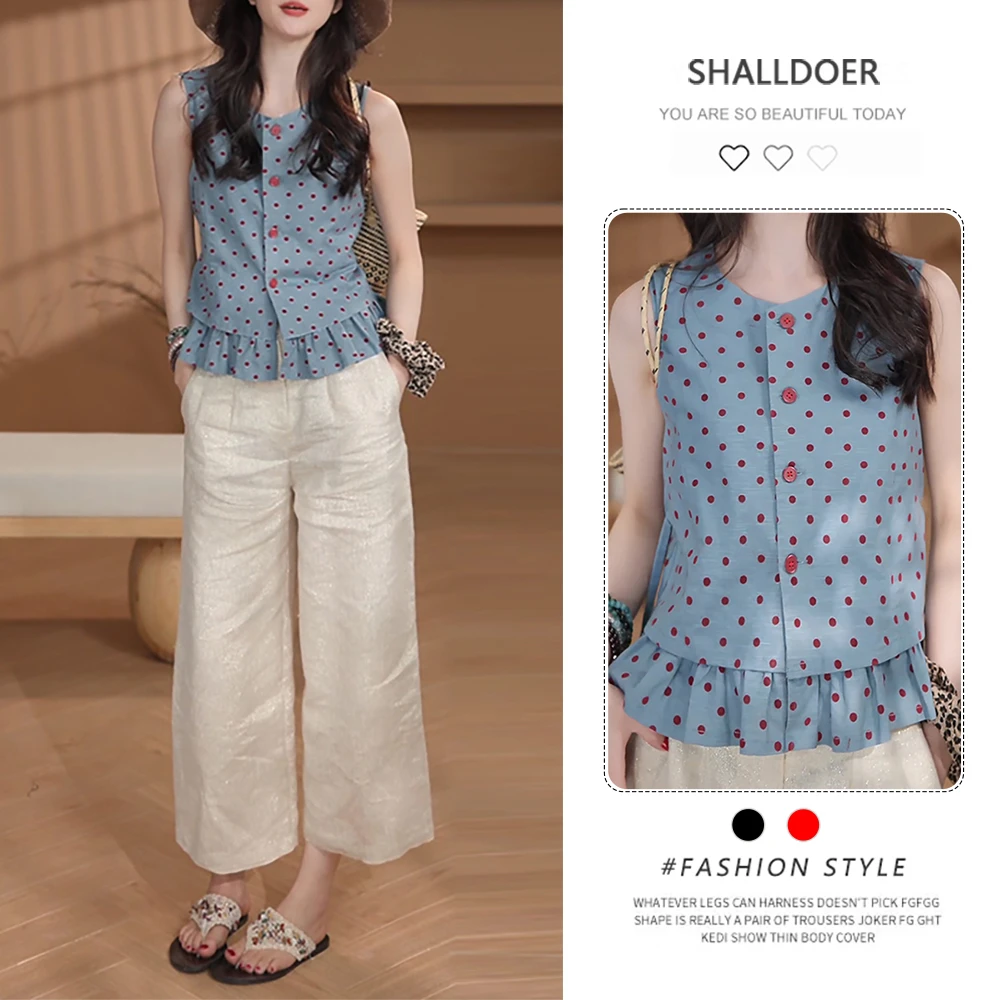 韩系时尚减龄套装女2025夏季新款蓝色波点无袖衬衫阔腿裤子两件套