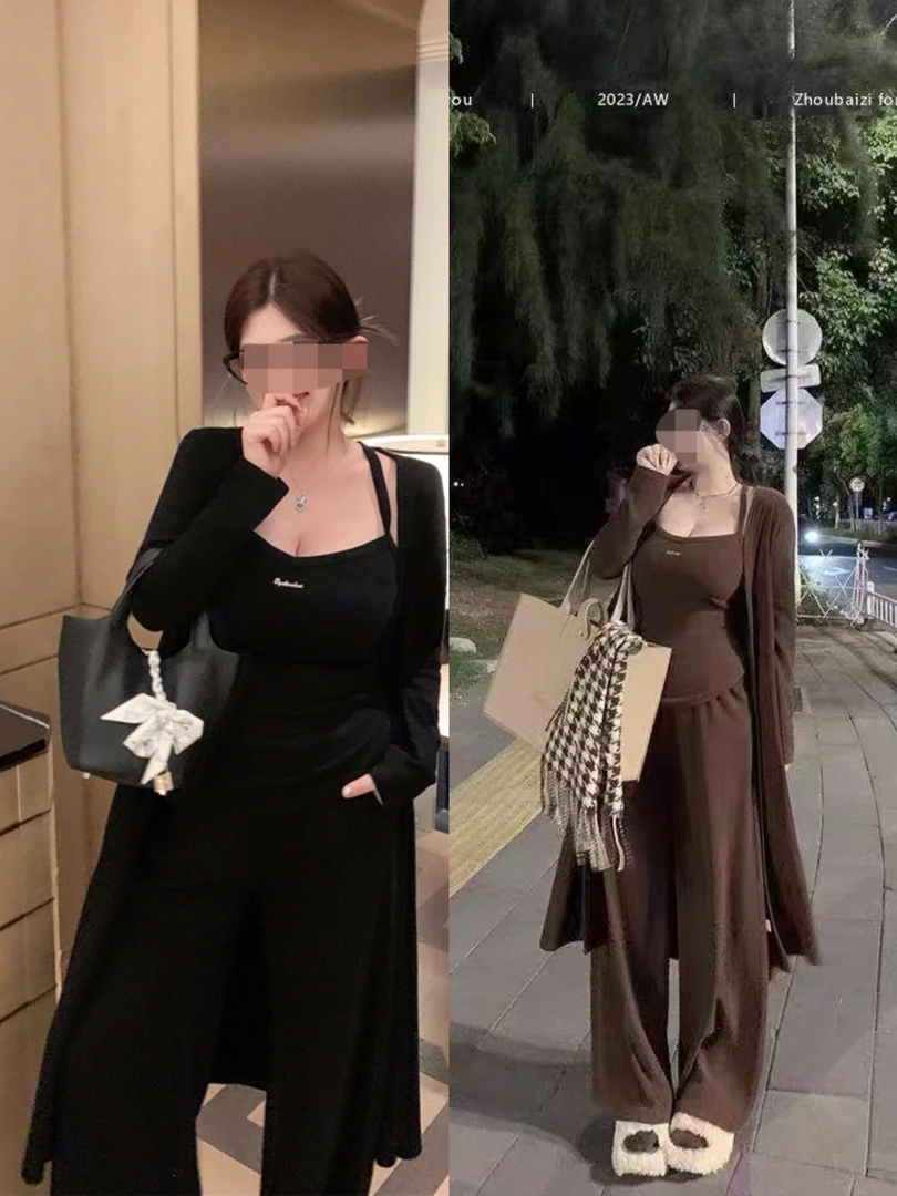 大码纯欲休闲风时尚吊带阔腿裤三件套装宽松韩版高腰气质百搭4637