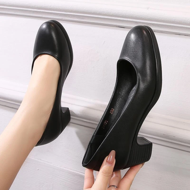真皮久站不累脚软底百搭浅口工作鞋黑色工鞋高跟职业皮鞋单鞋女鞋