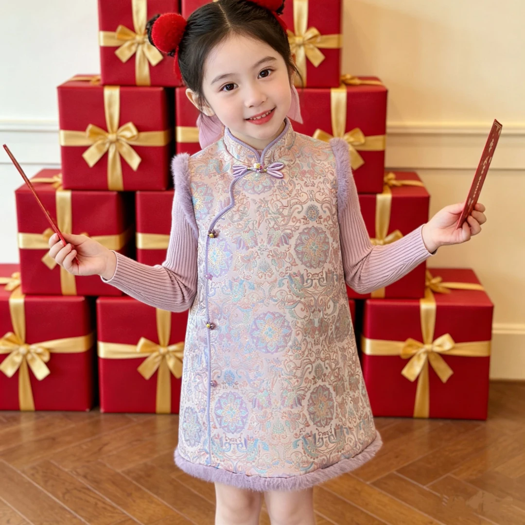 2025冬季儿童提花毛绒连衣裙外穿国潮背心裙女童新中式夹棉旗袍裙