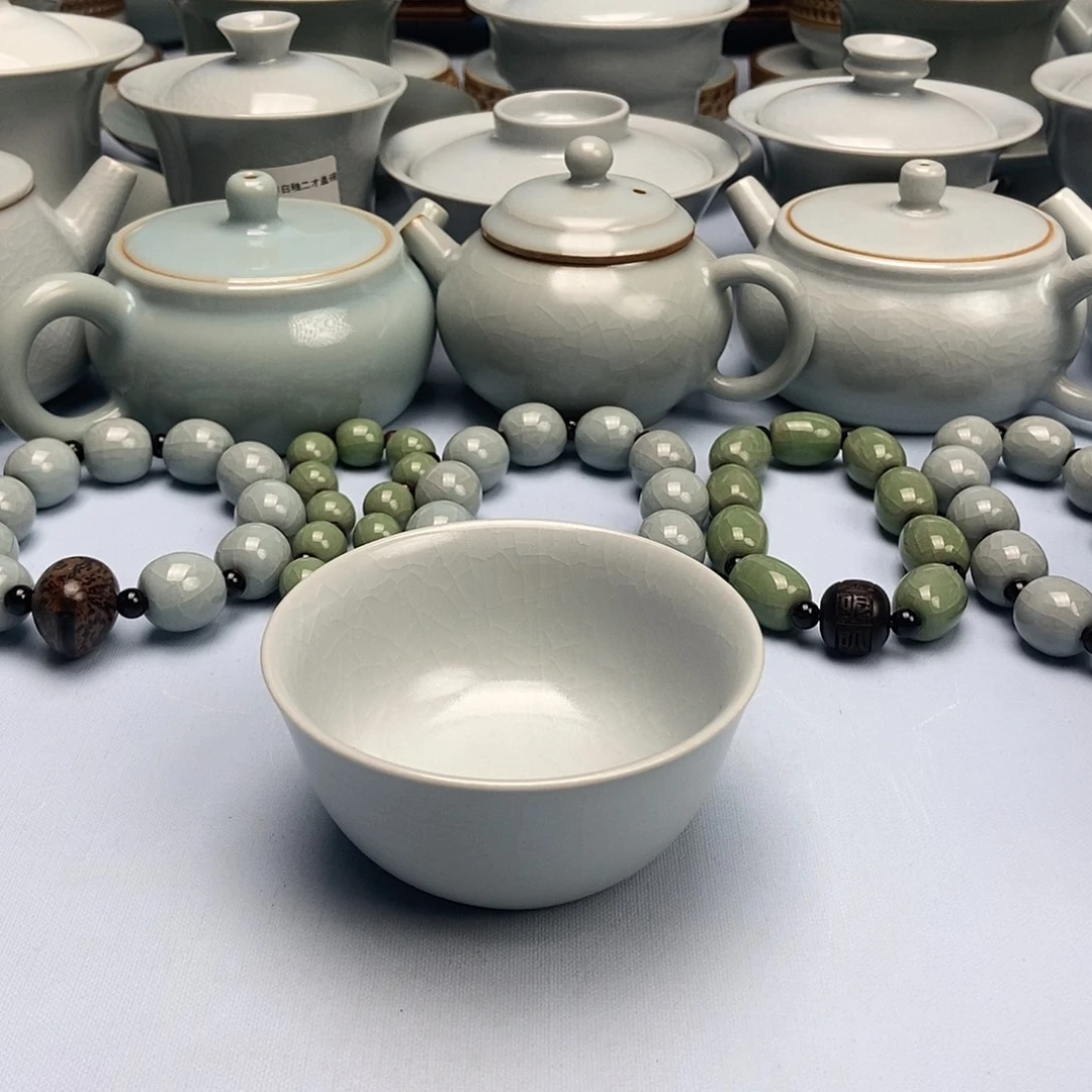 杯仿古月白釉卧足压手杯原矿原釉原杯地