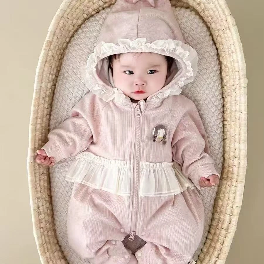 婴儿秋款韩版连体衣婴幼儿连帽爬爬服女宝宝洋气花边衣服