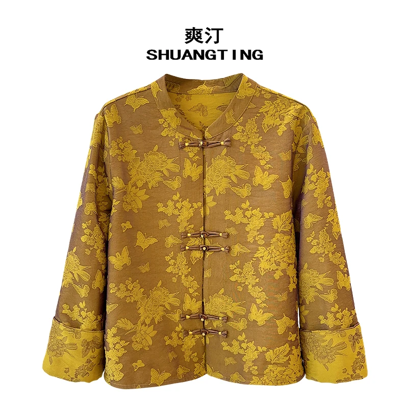 Jokara/丘可儿【蝶舞漫】国风长袖盘扣提花新中式上衣女气质短外套