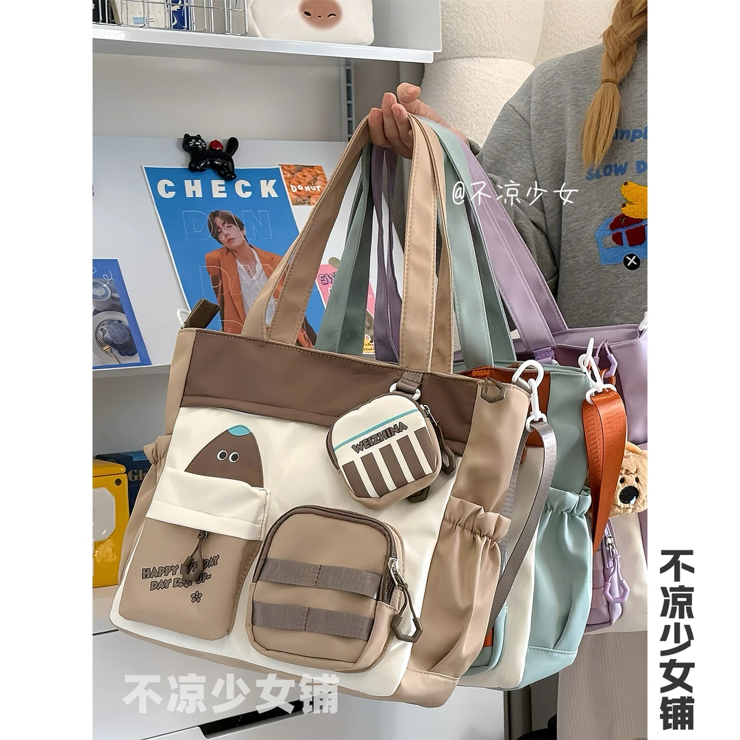 可爱铅笔撞色复古托特包学生上课补习通勤包大容量小众单肩斜挎包