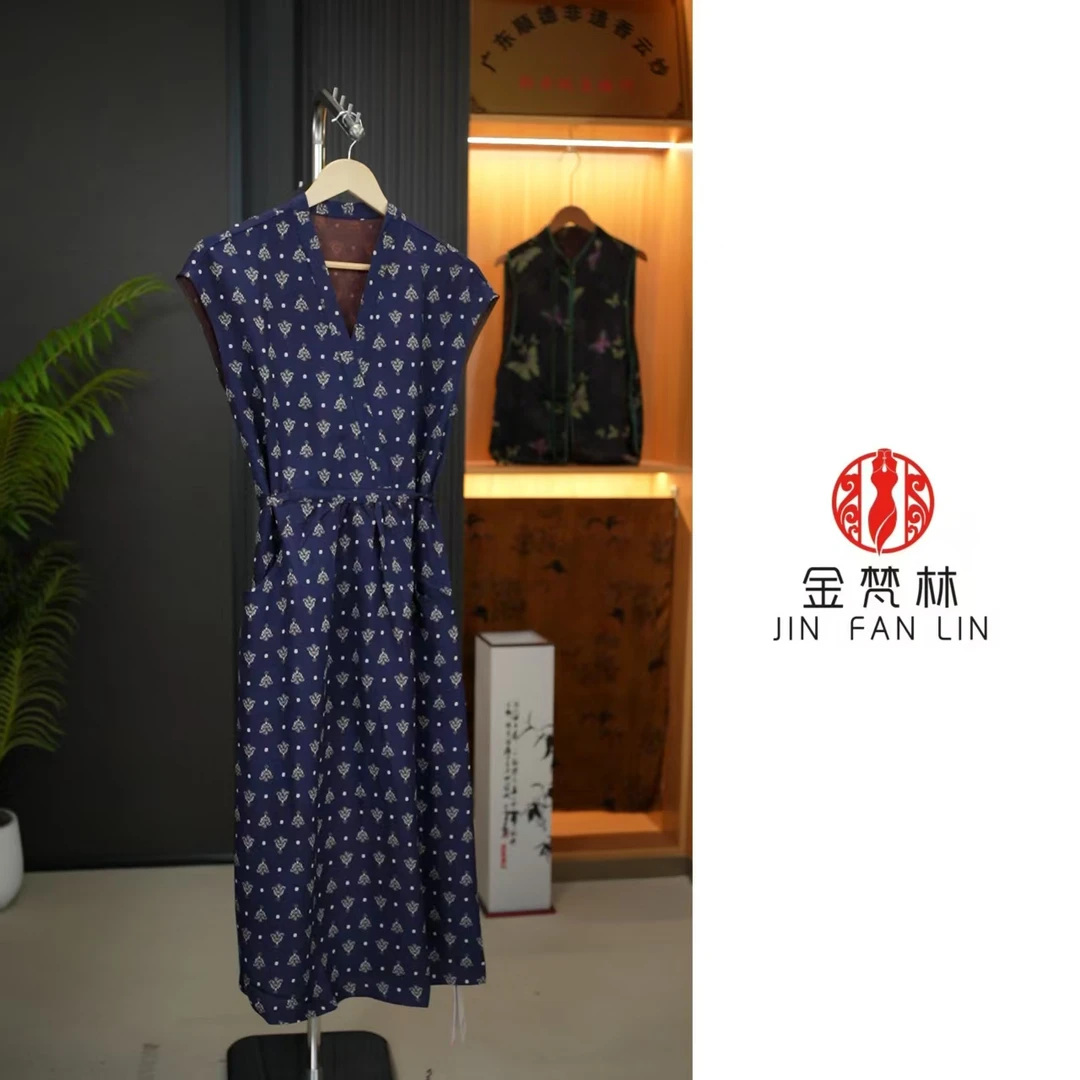 【揽星河】高端新中式中国风香云纱V领小飞袖抽绳复古波点连衣裙