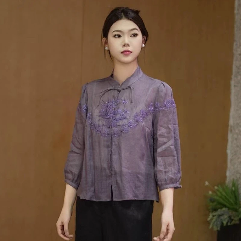 3286大吉2025原创文艺复古中式立领开襟盘扣绣花苎麻改良禅意茶服