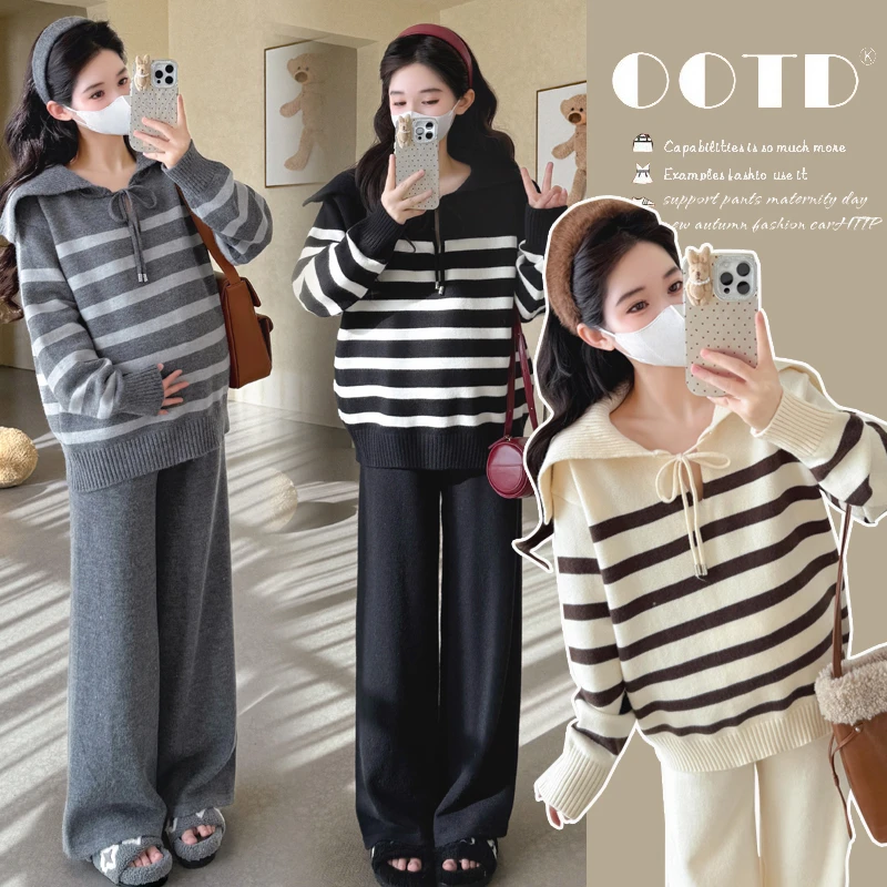 时髦孕妇装2025孕妇秋冬翻领条纹时尚系绳阔腿裤加休闲款毛衣套装