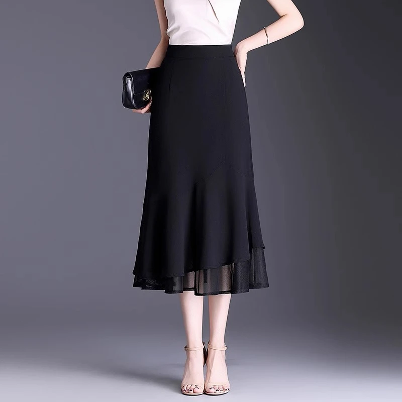 鱼尾裙网纱边小个子女士裙子2025春夏季新款黑色雪纺半身裙包臀裙