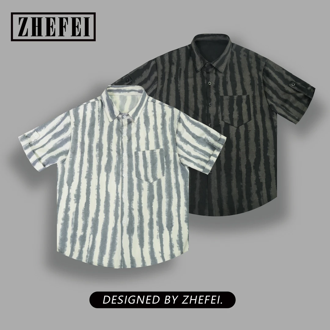 夏季缎面竖条纹衬衣冰感丝滑透气潮流时尚休闲免熨烫男士短袖衬衫