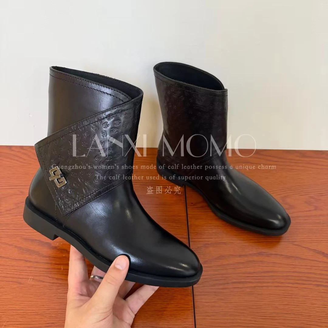 【茜妍】气质时尚百搭圆头女士黑色菱格纹短靴25XZ763LX