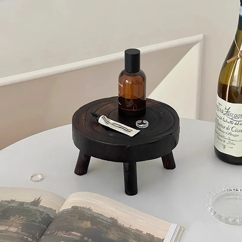 复古木质圆形高脚托盘摆件香水香薰桌面整理置物架首饰展示收纳盘