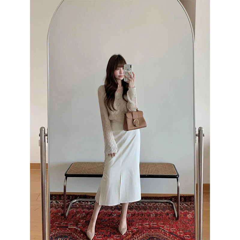 2025温柔风时尚洋气圆领休闲百搭长袖上衣高腰包臀一步半身裙套装