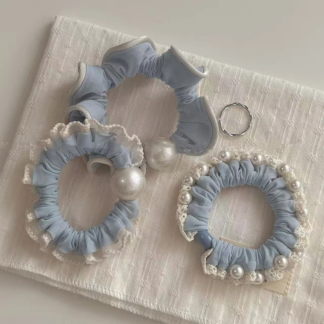 软萌奶蓝色蕾丝花边珍珠发圈甜美少女心大肠圈扎发绳头花皮筋头饰