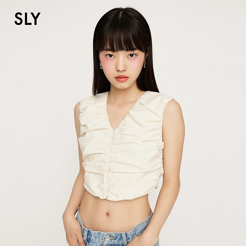 白色针织小众女V领褶皱无袖衬衫法式优雅气质2025夏季短款设计感