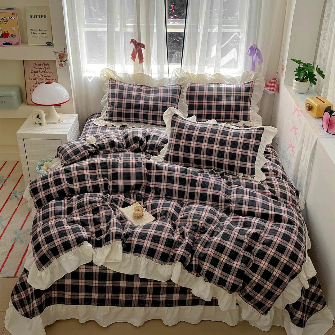 新款亲肤皱皱纱小清新加厚床盖四件套单人双面花边被套免打理床盖