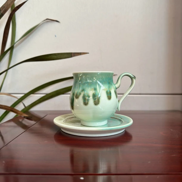 景德镇手工高温窑变颜色釉单色釉复古绿色渐变精致杯碟欧式咖啡杯