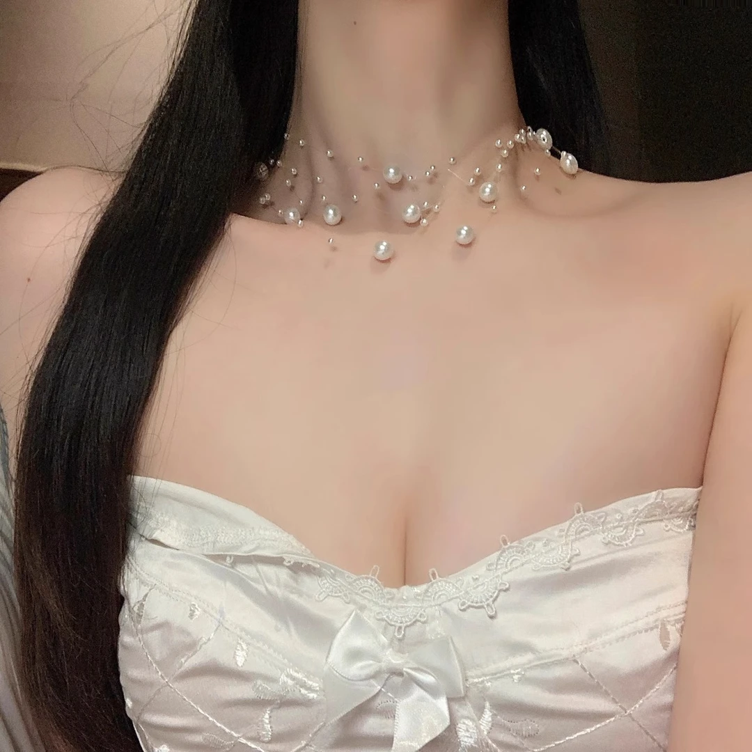 铜合金项链 多层珠珠满天星项链超仙2025新款锁骨链女颈链choker 