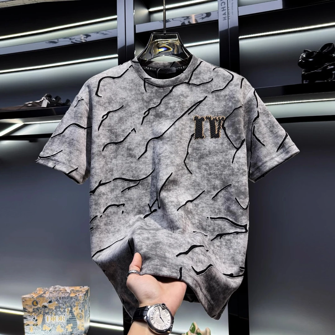 美式高端磨破圆领短袖T恤潮牌潮流2025新款夏季欧货男士半袖上衣