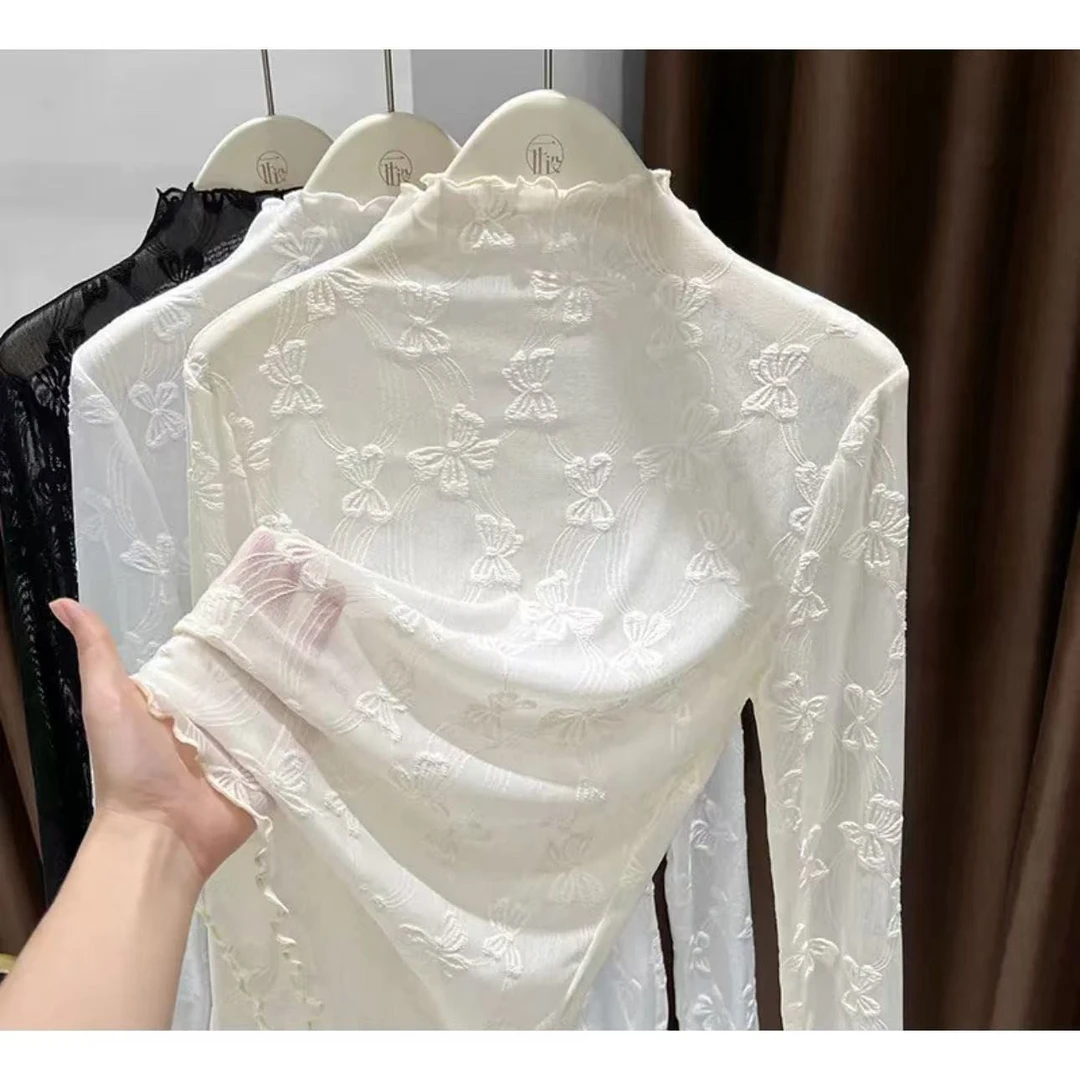 杏色半高领木耳边网纱打底衫女爆款2025新款秋冬长袖提花薄款上衣