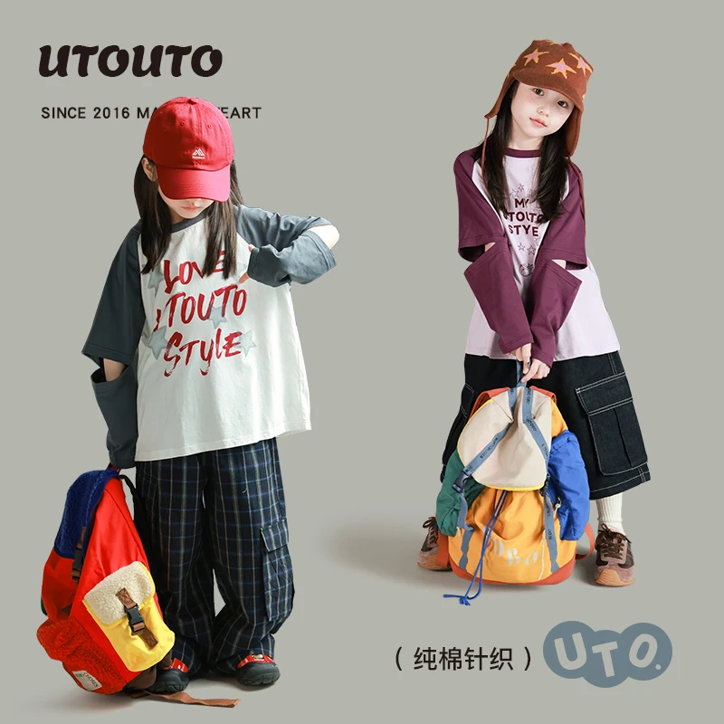 utouto大耳象女童印花破缝插肩T恤2025秋季新款纯棉上衣2501576
