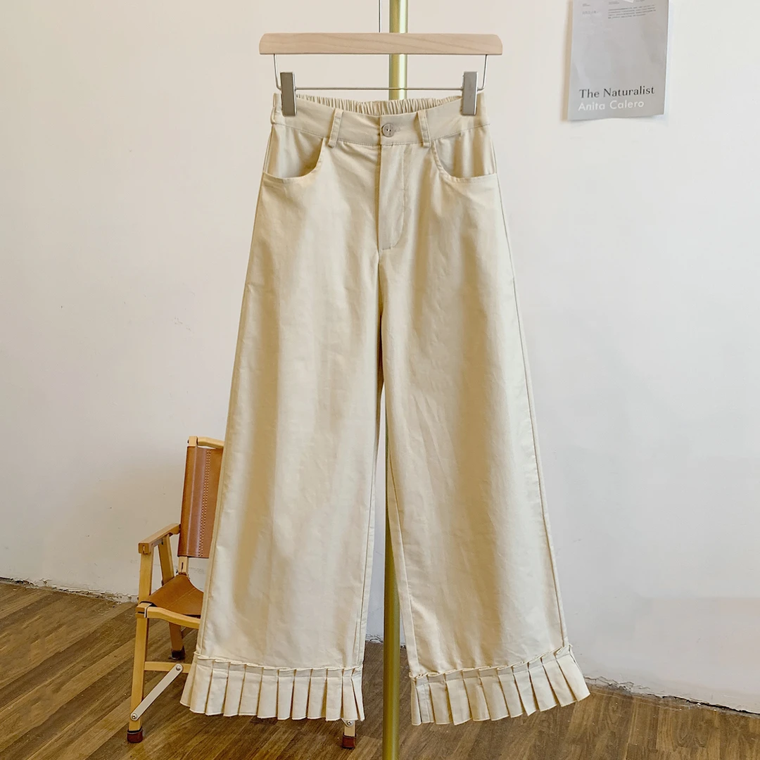 百褶裤Y2925纯色半松紧腰阔腿裤