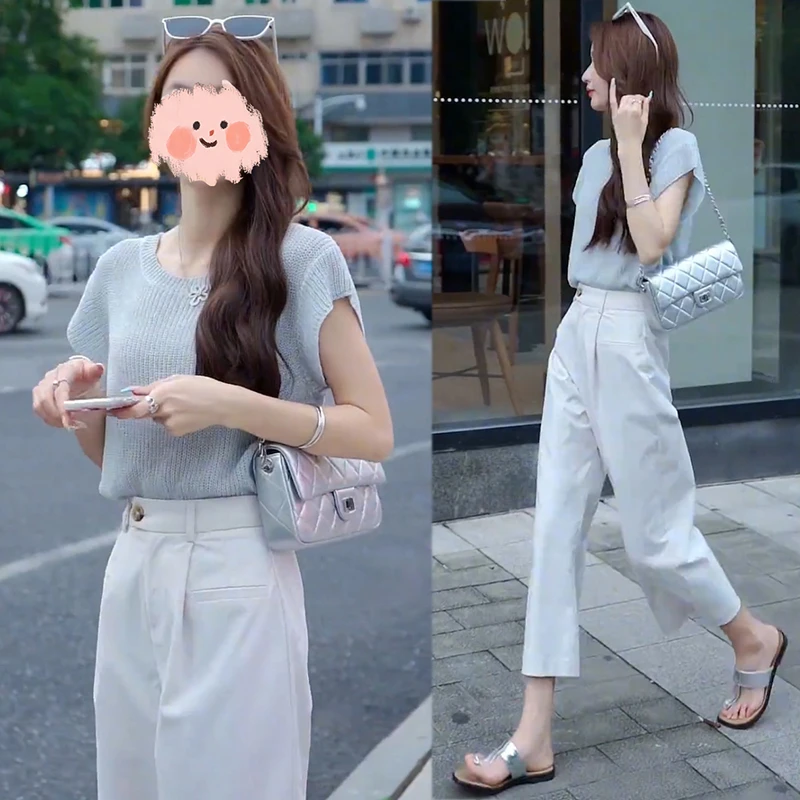 洋气衣服女夏季休闲时尚女装网红薄款针织上衣九分裤气质两件套装