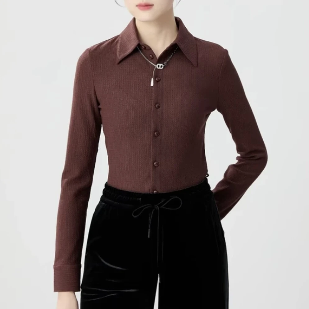 新款/时尚简约百搭肌理感翻领弹力女款长袖衬衫【1210】