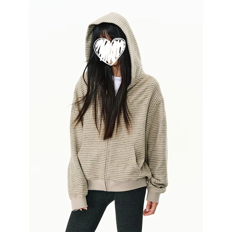 设计感条纹连帽拉链外套女2025秋日新款美式小众休闲宽松开衫上衣