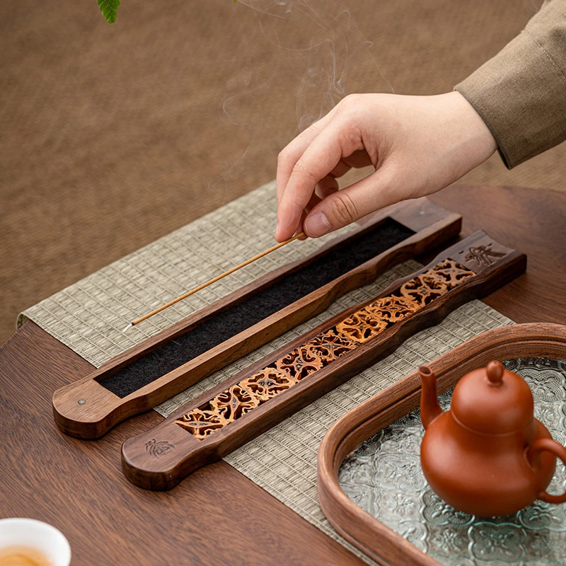 新款卧式香筒中式胡桃木制檀香炉兰花线香盒酸枝木香插卧香炉