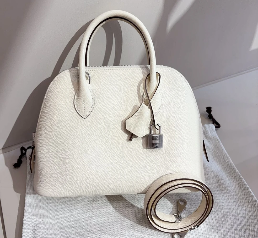 99新 Hermes/爱马仕 保龄球25 奶油白 E皮 银扣 Y刻