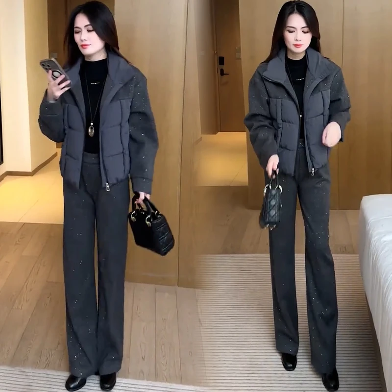 时尚套装女2025冬季新款洋气显瘦加厚保暖棉服外套阔腿裤两件套