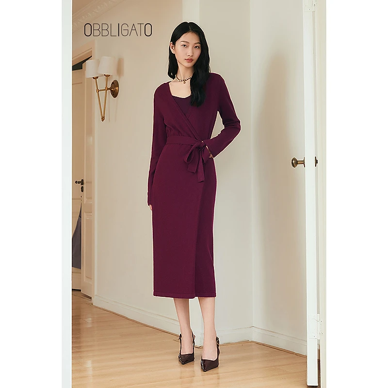 OBBLIGATO奥丽嘉朵2025春季1C35106500新品围裹式腰侧绑带毛织裙