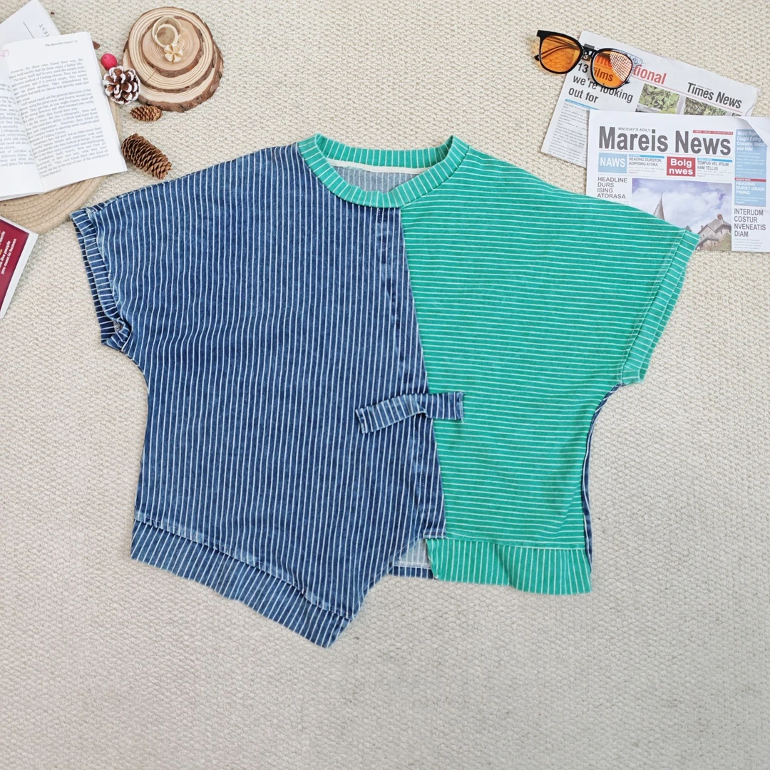 2025春季新款宽松百搭时尚条纹拼色短袖T恤9749