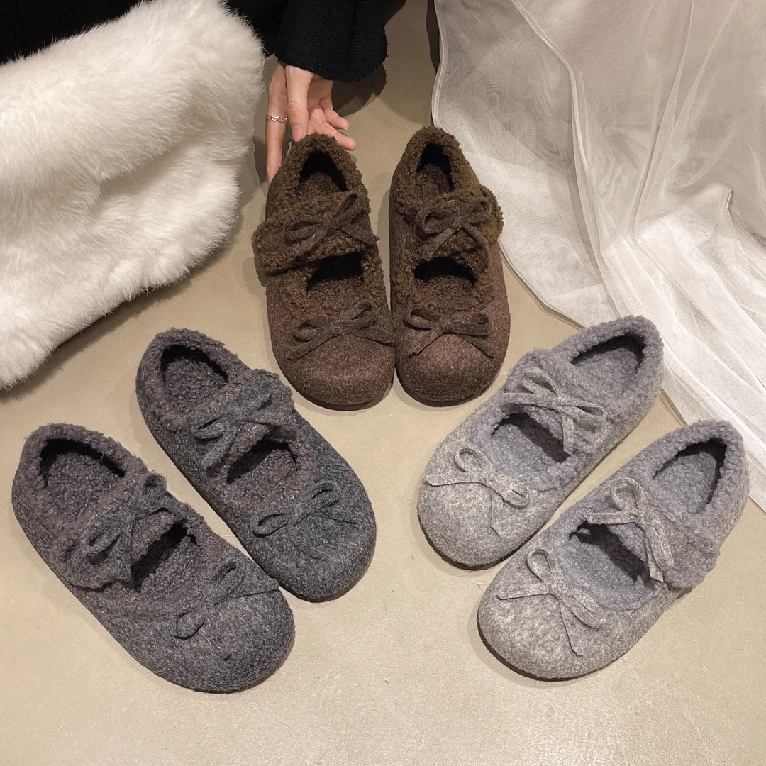 平底2~3厘米玛丽珍鞋女2025新品加绒内增高蝴蝶结单鞋毛毛棉鞋