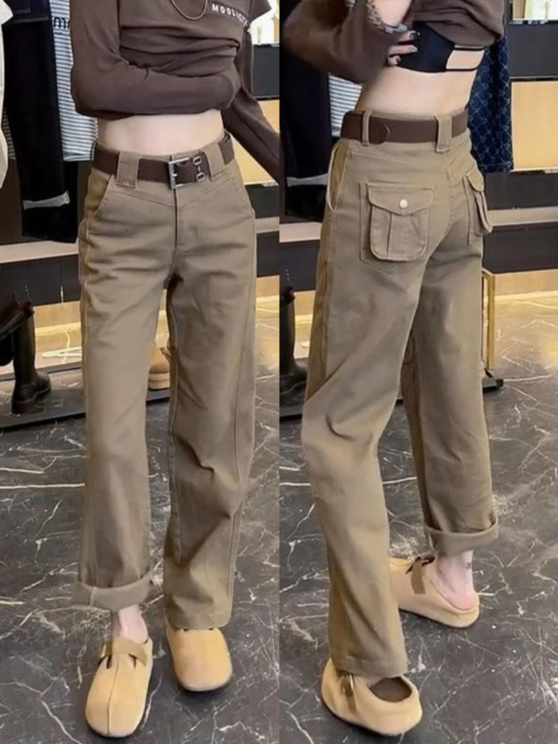 秋季新款高腰窄版直筒牛仔裤女大码梨形身材百搭显瘦工装拖地裤子