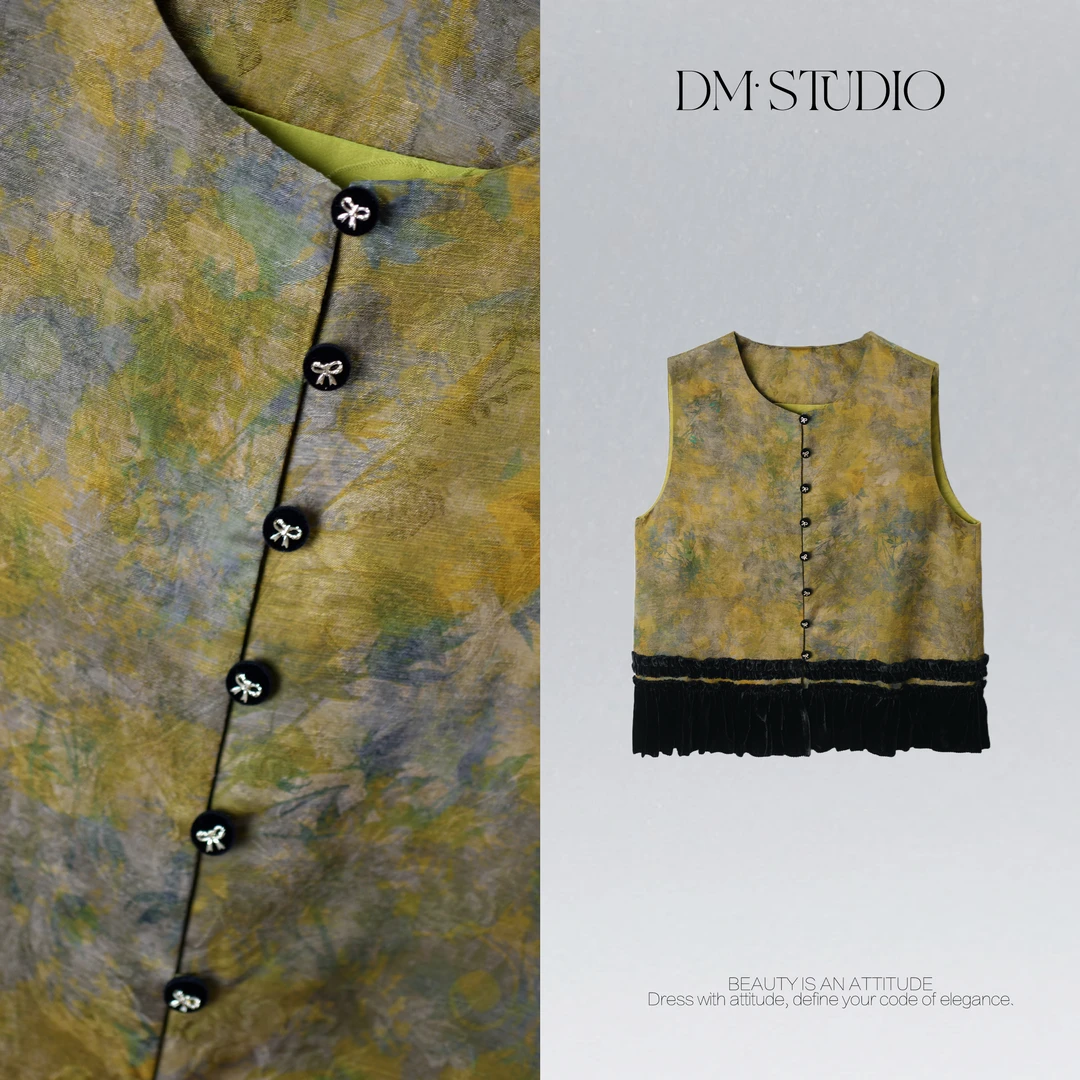 DEDM•STUDIO/新中式减龄提花拼丝绒显瘦马甲上衣2508MJ/WQX25027