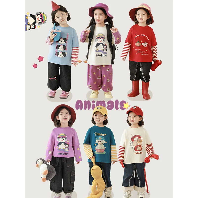 幼悠【萌趣宠物】春壹波 女童七色星星企鹅假两件长袖舒适T恤 C3199
