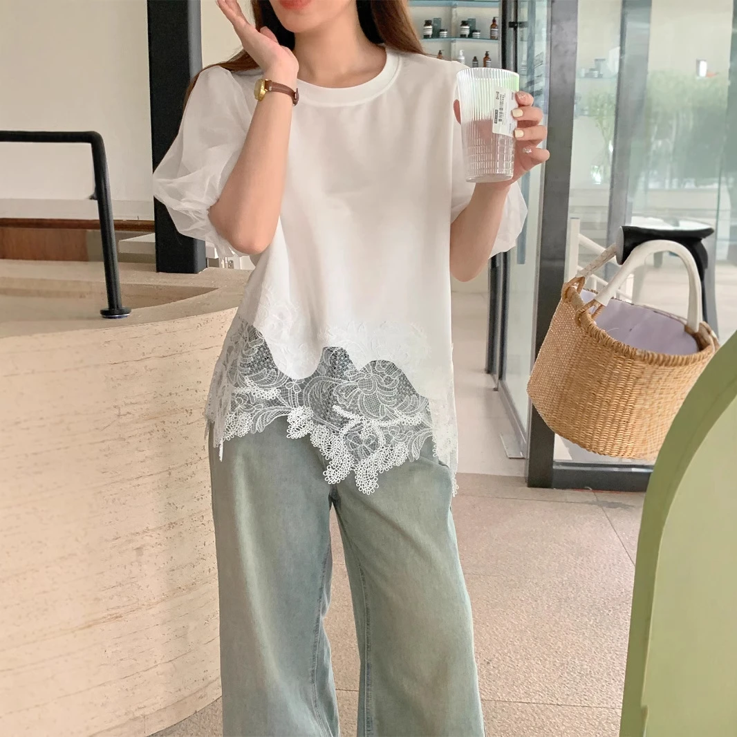 韩国实拍T恤2025年网纱蕾丝花边夏季拼接气质女装泡泡袖新款chic