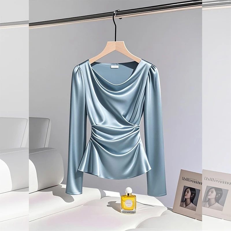 蓝色多巴胺荡领长袖衬衫女秋季新款百搭上衣法式轻奢洋气减龄上衣