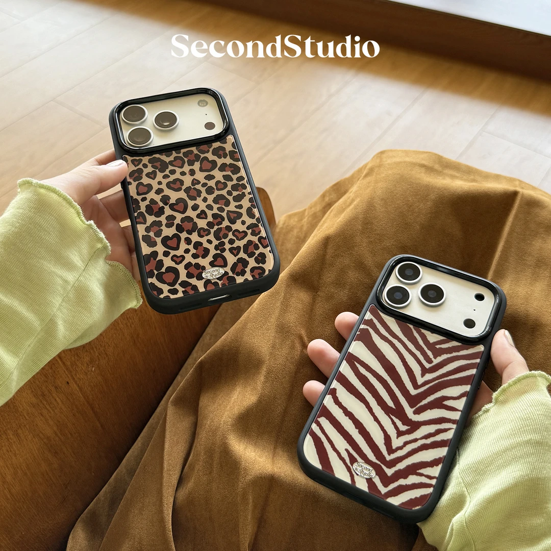 secondstudio原创摩登棕色豹纹Phone17promax手机壳可可斑马纹