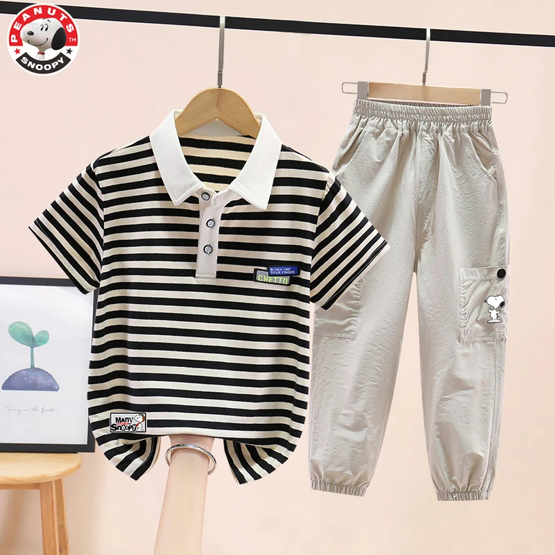 史努比男童套装夏装洋气儿童夏季短袖t恤防蚊裤中大童男孩两件套