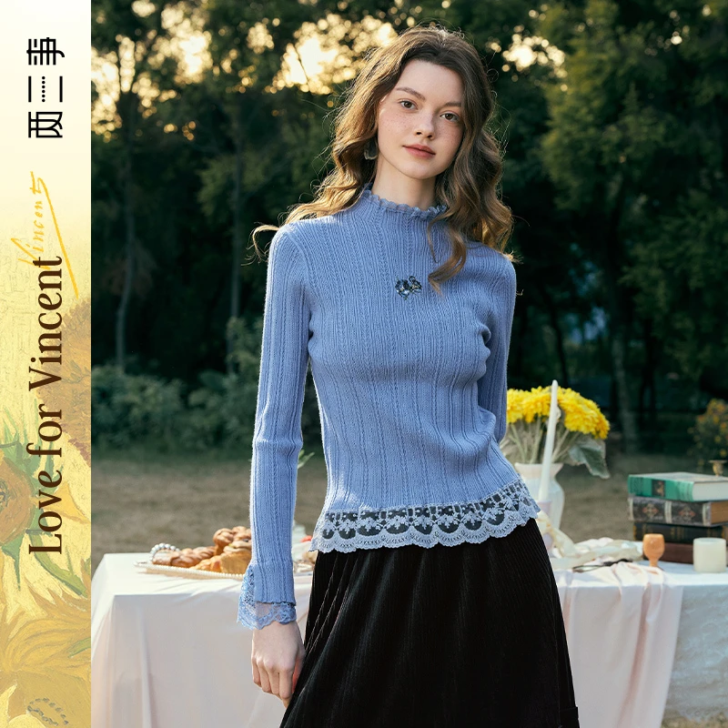 两三事梵高文艺鸢影入梦2025春季新款绣花蕾丝拼接打底衫女针织衫