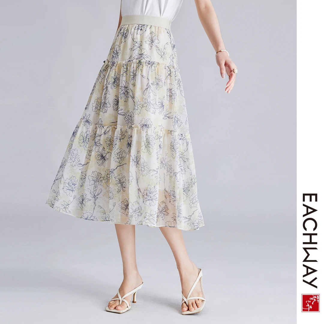 艺之卉【松紧腰木耳边印花半裙】温柔大方a字春夏高腰中长裙女